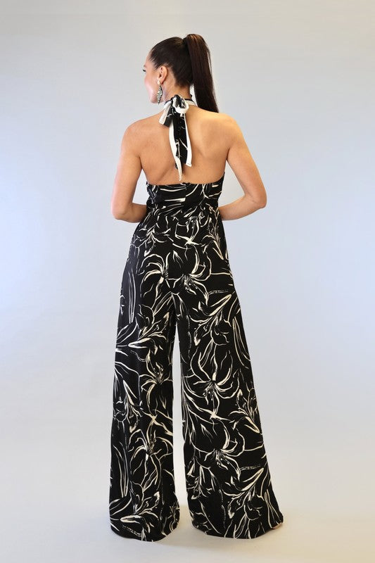 PRINT W CONTRAST BINDING HALTER NECK WIDE LEG JUMP