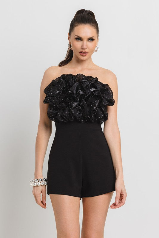 HOT FIX ATTACHED ORGANZA RUFFLE FRONT NIGHT OUT ROMPER