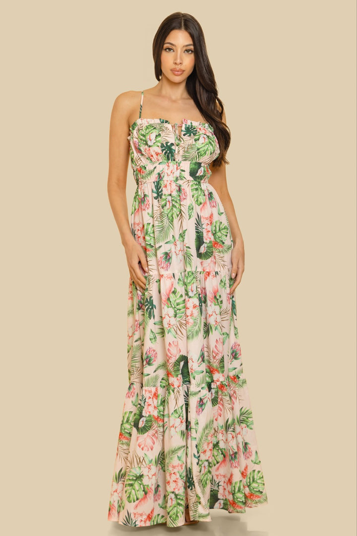 ELASTIC NECKLINE W BACK WAIST CUT-OUT TIERED MAXI