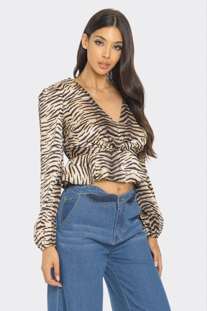 ZEBRA PRINT V-NECK LONG SLEEVE TOP