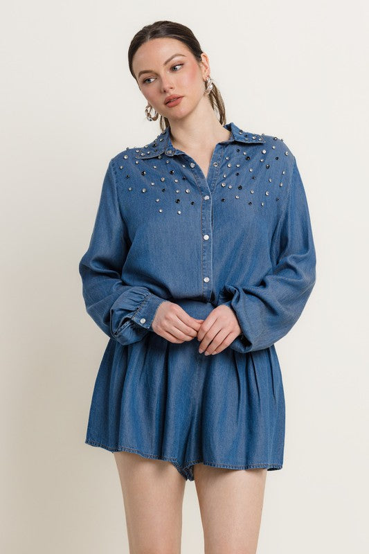 BUTTON FRONT LONG SLV EMBELLISHED SHIRT W/ SHORTS DENIM SET