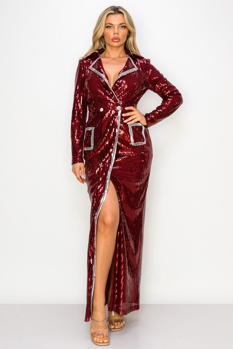 SEQUINS LONG SLEEVE V NECK DRESS JACKET