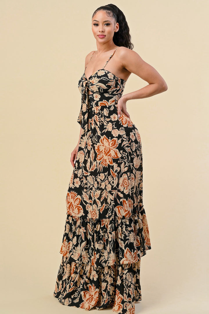 FLORAL PRINT RUFFLED STRAP SHOULDER MAXI DRESS