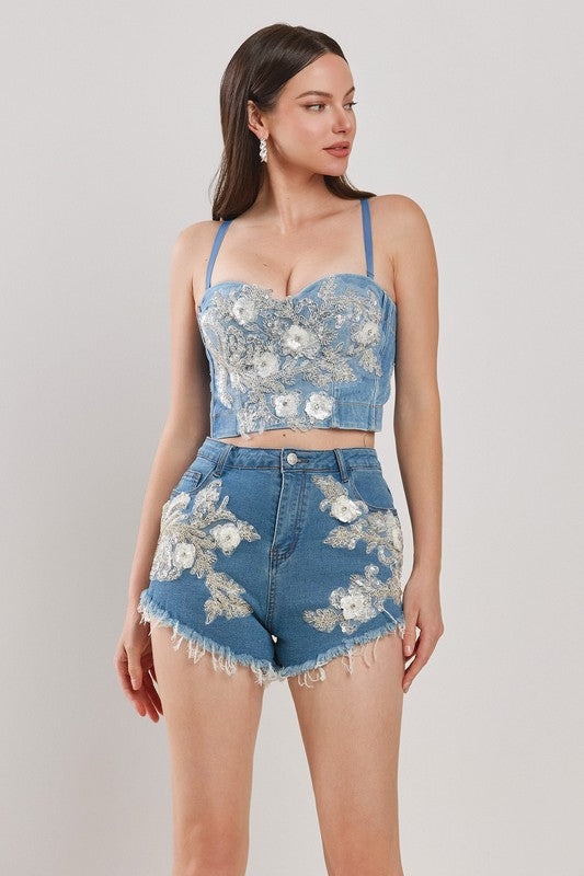 FLORAL PATCH DETAIL DENIM BUSTIER SETS