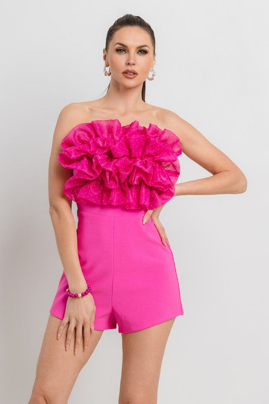 HOT FIX ATTACHED ORGANZA RUFFLE FRONT NIGHT OUT ROMPER