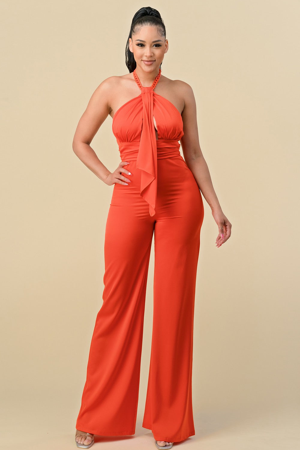 HALTERNECK FRONT RIBBON DETAIL CHAIN TRIM JUMPSUIT