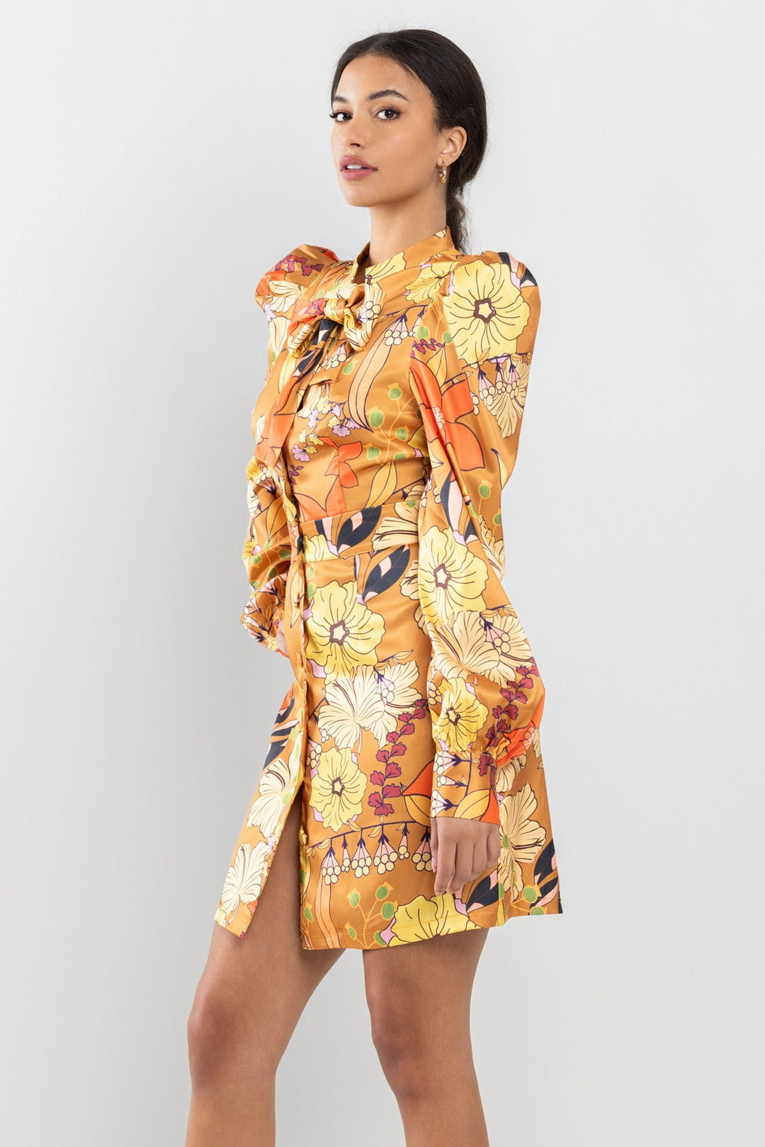 UFF LONG SLEEVE PRINTED SATIN DRESS