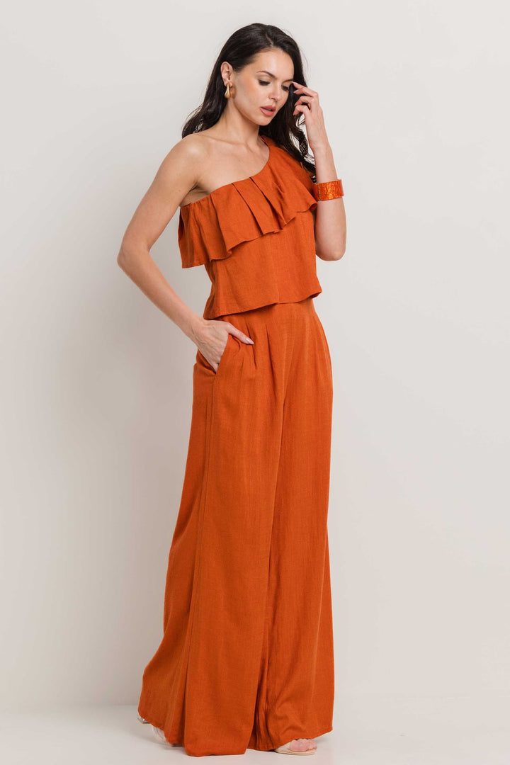 LINEN ONE SHOULDER RUFFLE DETAIL PANTS SETS