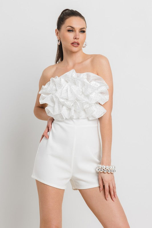 HOT FIX ATTACHED ORGANZA RUFFLE FRONT NIGHT OUT ROMPER