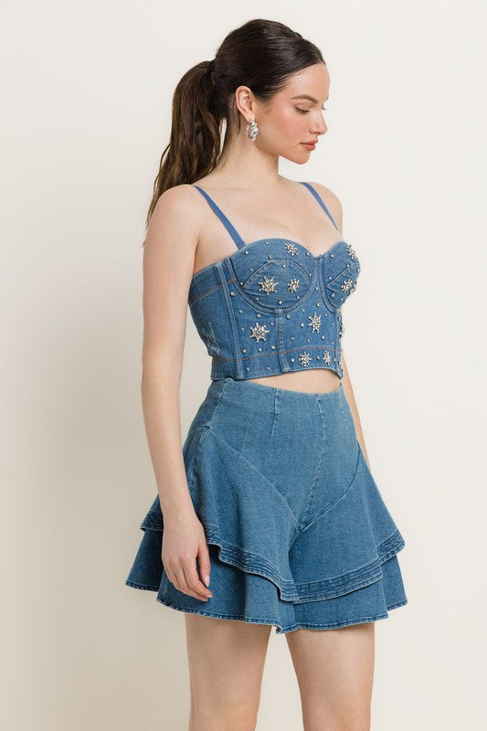 STAR RHINESTONE DETAIL DENIM BUSTIER