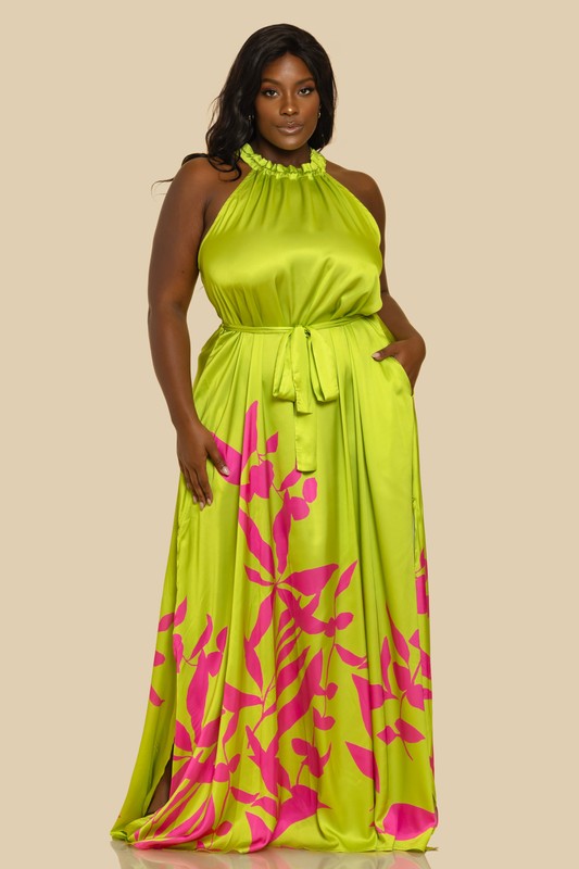 PLUS SHIRRED HALTER NECK SIDE SLIT LONG MAXI DRESS