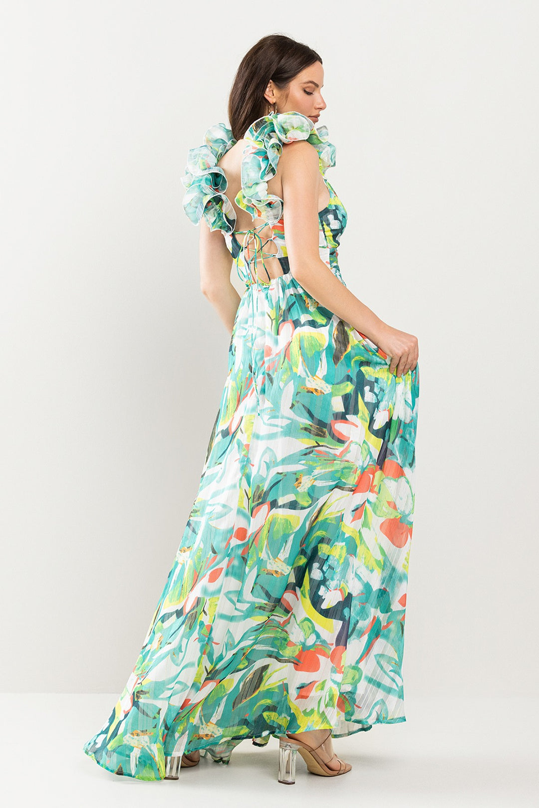 RUFFLED SHOULDER MAXI DRESS