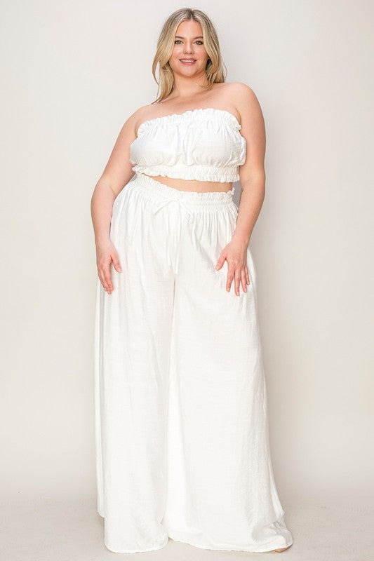 PLUS SHIRRED TUBE TOP WITH MATCHING PALAZZO PANTS