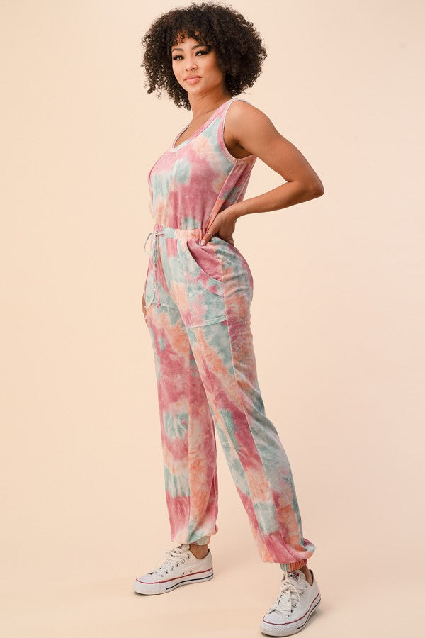 FRENCH TERRY TIE DYE SLEEVELESS JUMPSUIT