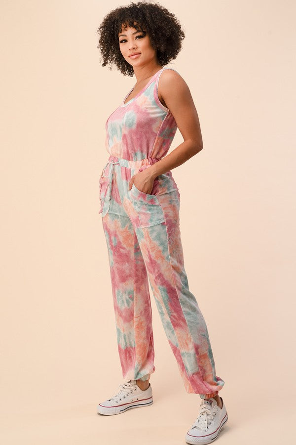 FRENCH TERRY TIE DYE SLEEVELESS JUMPSUIT