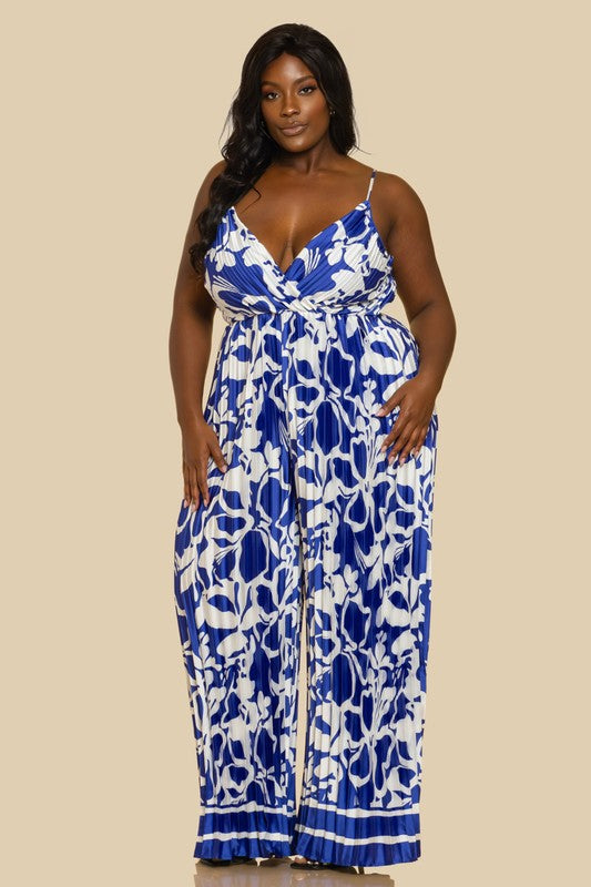 PLUS PRINTED V NECK OPEN BACK PLEATED JUMPSUIT