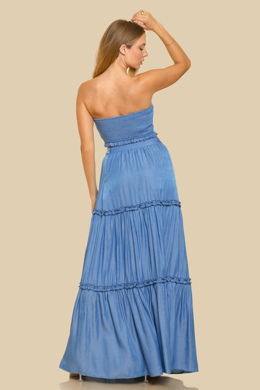 SWEET HEART NECKLINE CROP TOP W/ MATCHING TIERED MAXI SKIRT