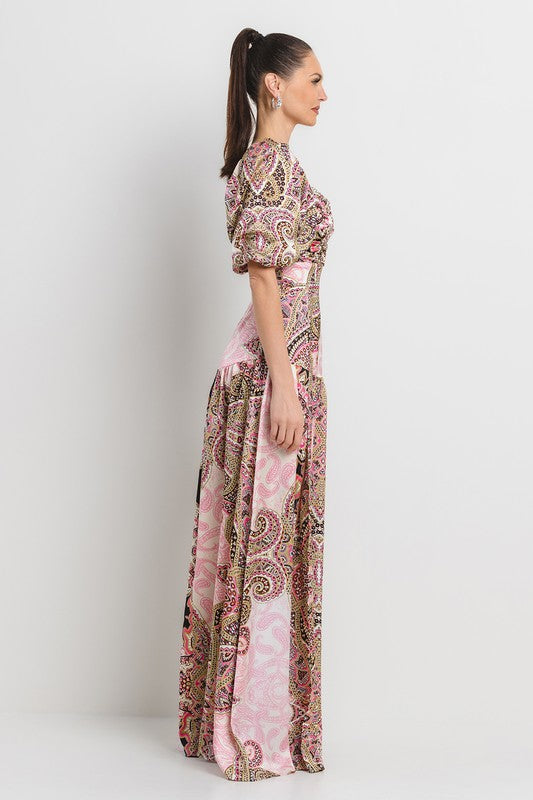 PRINTED SIDE SLIT MAXI DRESS W BELT