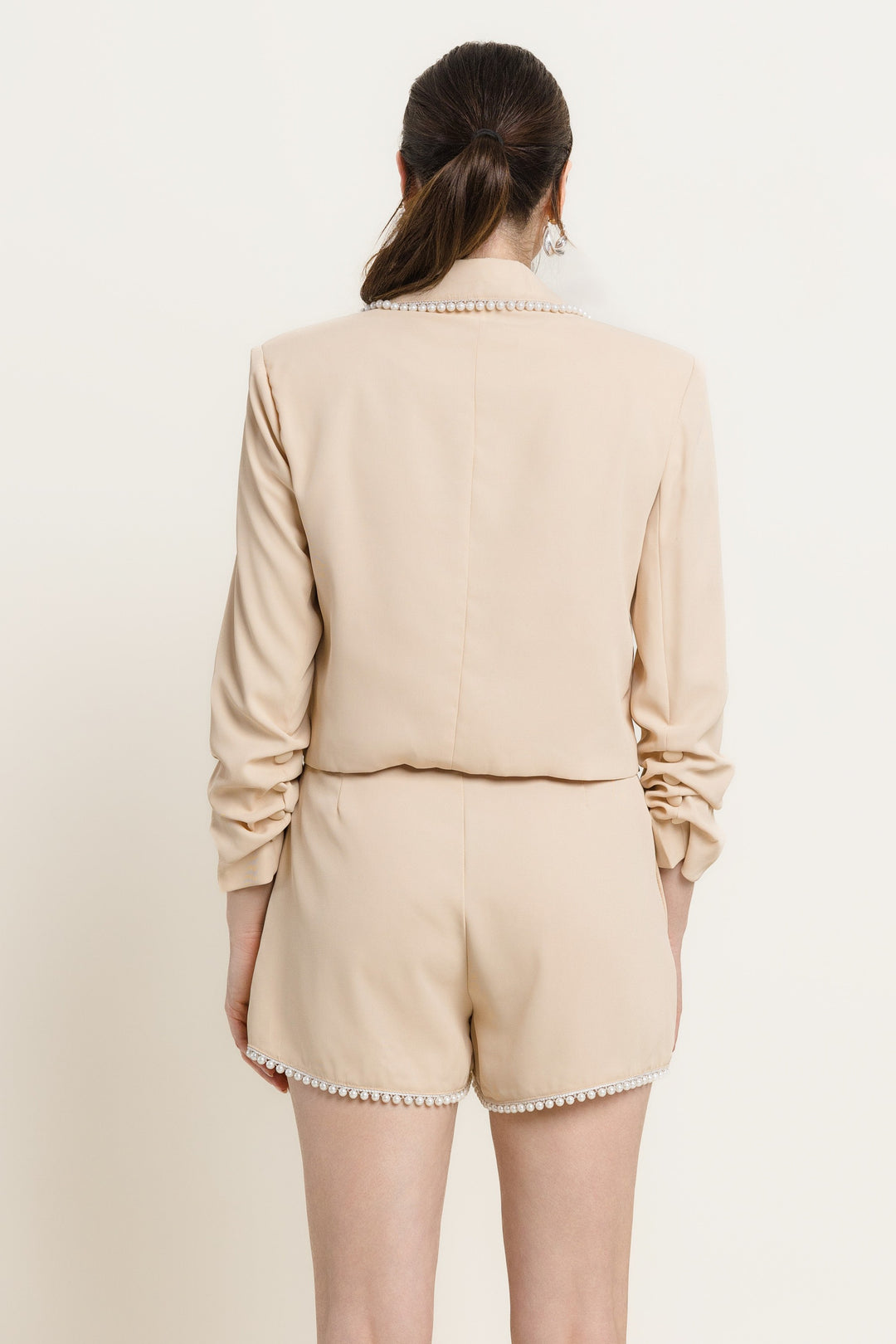 PEARL TRIM OPEN FRONT SLV CROP JACKET MATCHING SHORTS