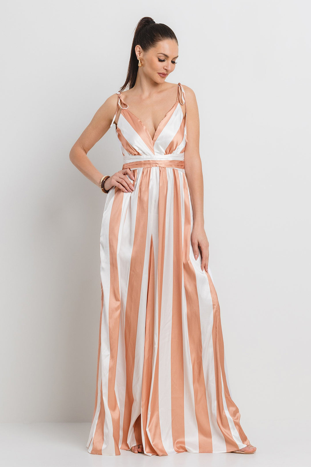 SATIN WIDE EVEN STRIPE WIDE LEG JUMPSUIT