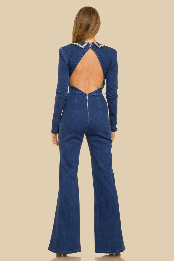 EMBELLISHED NOTCHED COLLAR LONG SLV DENIM JUMPSUIT