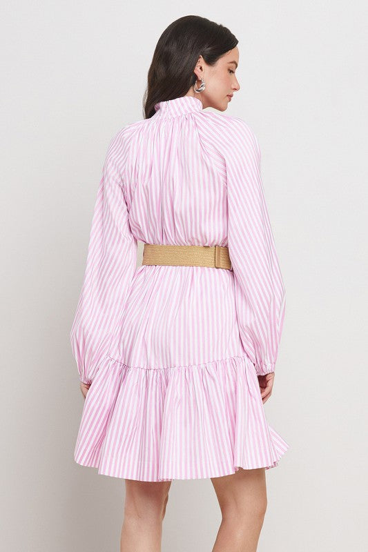 STRIPE BAND COLLAR BALLOON SLEEVE TIERED SKIRT DRESS