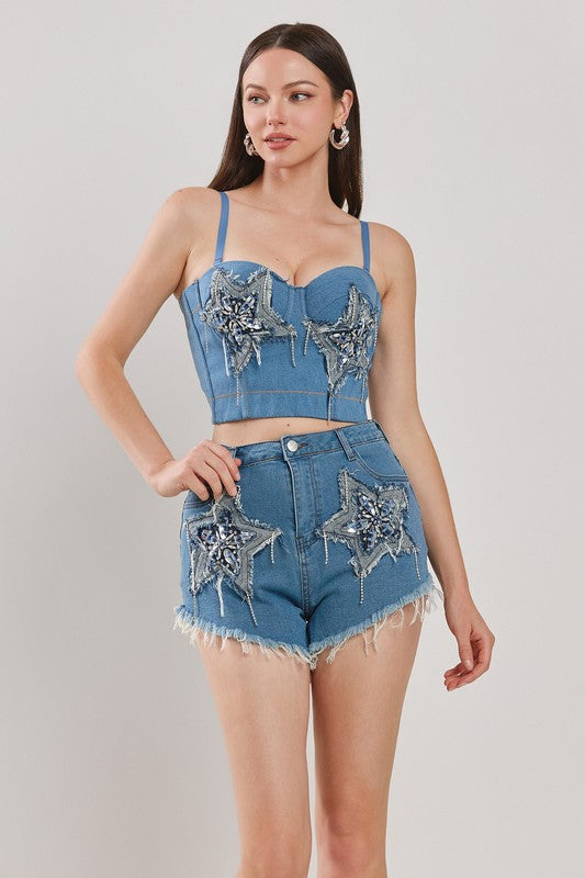 STAR PATCH DETAIL DENIM BUSTIER SETS