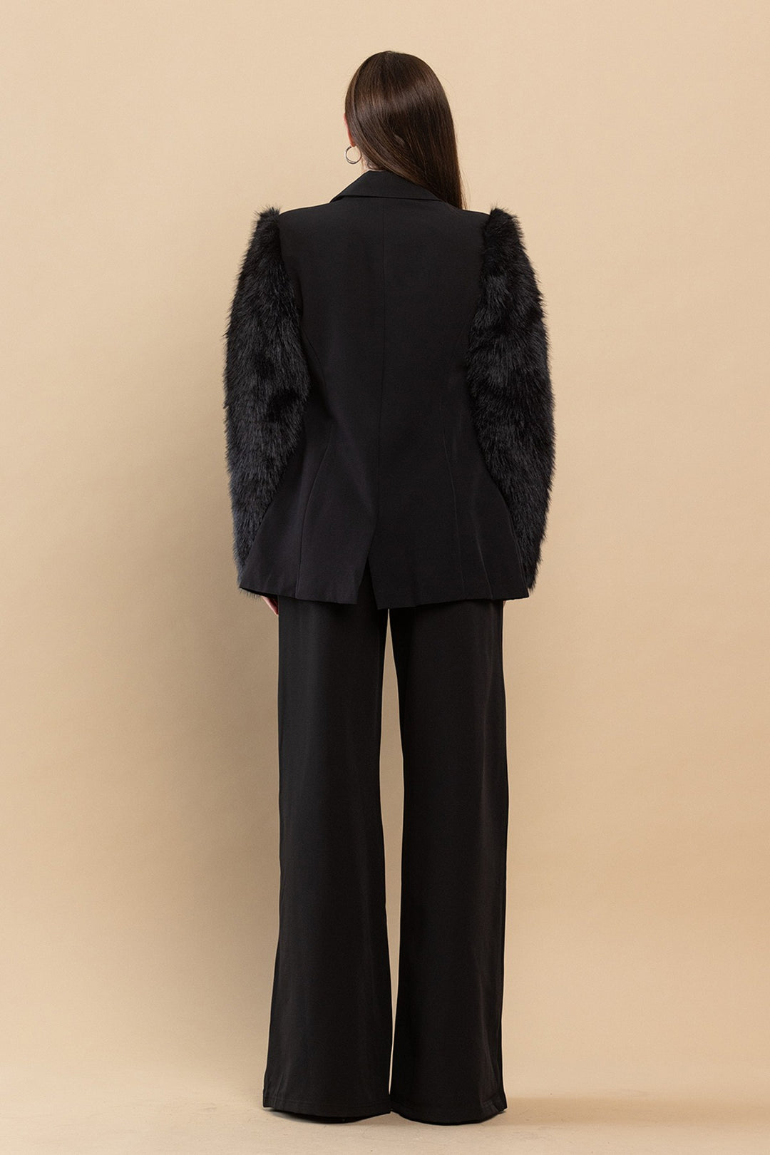 FAUX FUR SLEEVES BLAZER AND PANTS SET