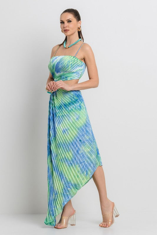 PLEATED ASYMETRIC HEMLINE TIE DYE MIDI DRESS