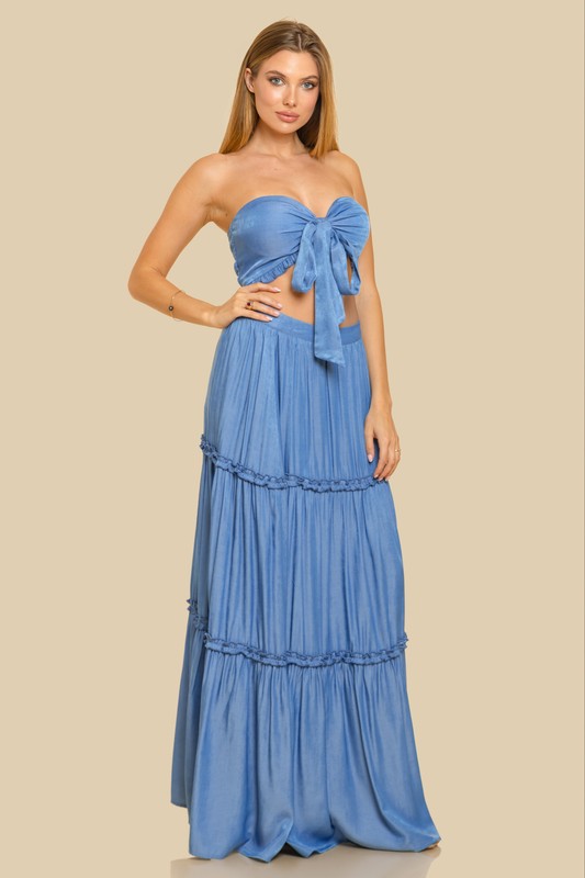 SWEET HEART NECKLINE CROP TOP W/ MATCHING TIERED MAXI SKIRT