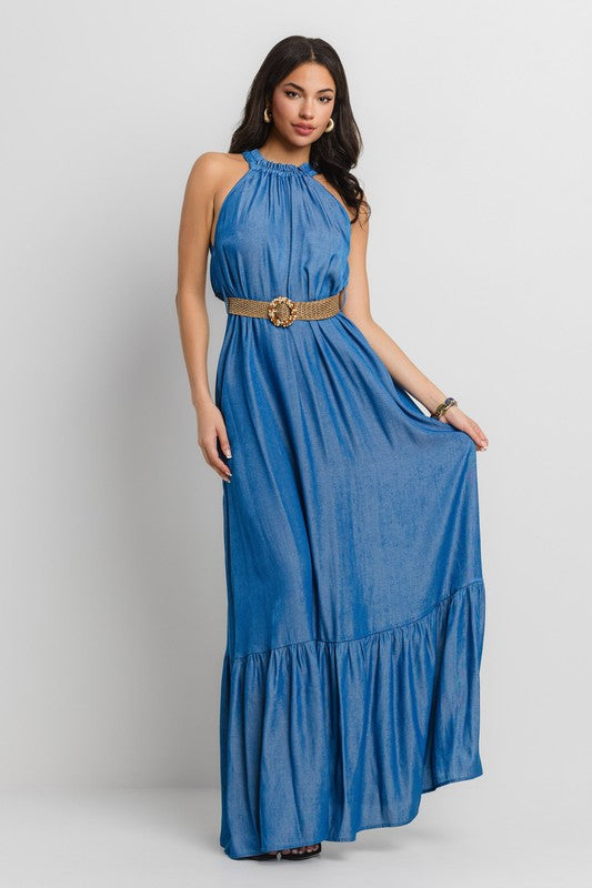 HALTER NECK SIDE SLIT MAXI DRESS WITH BELT