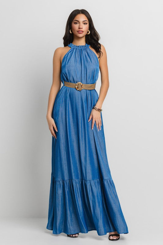 HALTER NECK SIDE SLIT MAXI DRESS WITH BELT