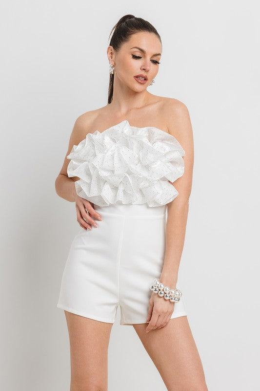 HOT FIX ATTACHED ORGANZA RUFFLE FRONT NIGHT OUT ROMPER