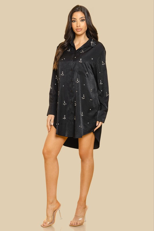 BUTTON FRONT LONG SLEEVE SHIRT DRESS W EMBELLISHME