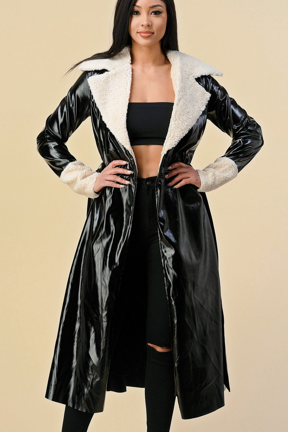 LONG GLOSSY FAUX LEATHER COAT