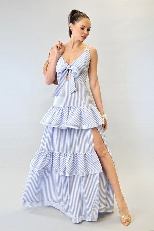 EVEN STRIPE RUFFLE MAXI DRESS