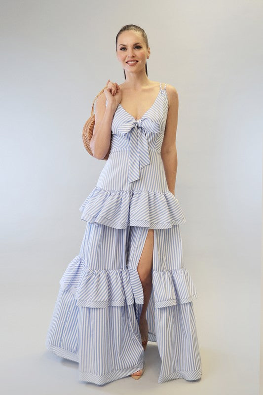 EVEN STRIPE RUFFLE MAXI DRESS