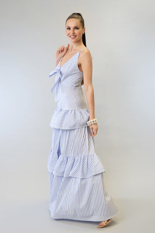 EVEN STRIPE RUFFLE MAXI DRESS