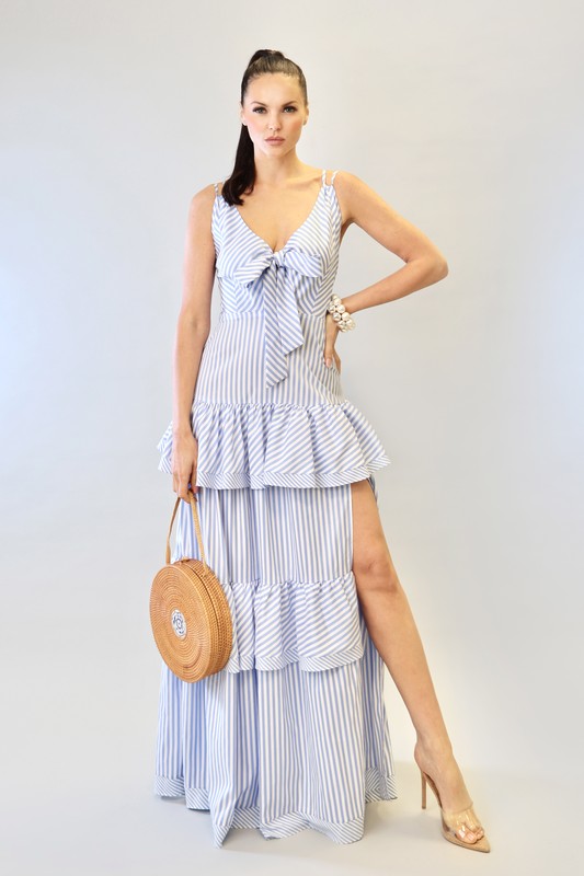 EVEN STRIPE RUFFLE MAXI DRESS