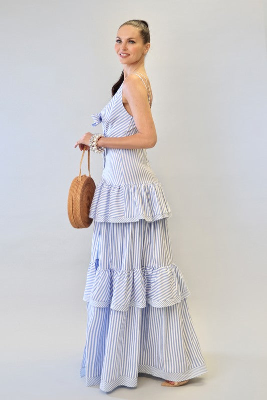 EVEN STRIPE RUFFLE MAXI DRESS