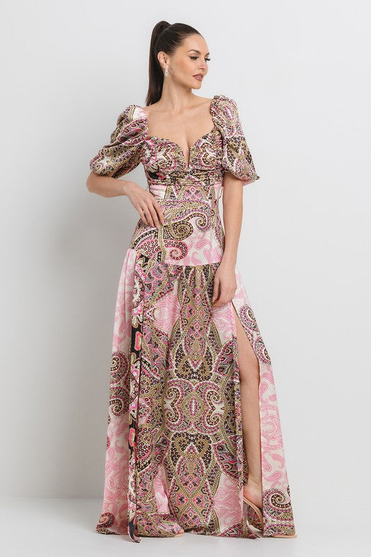 PRINTED SIDE SLIT MAXI DRESS W BELT