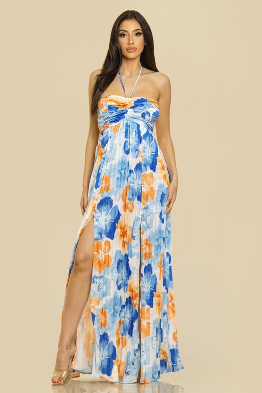 PRINT PLEATE MAXI DRESS