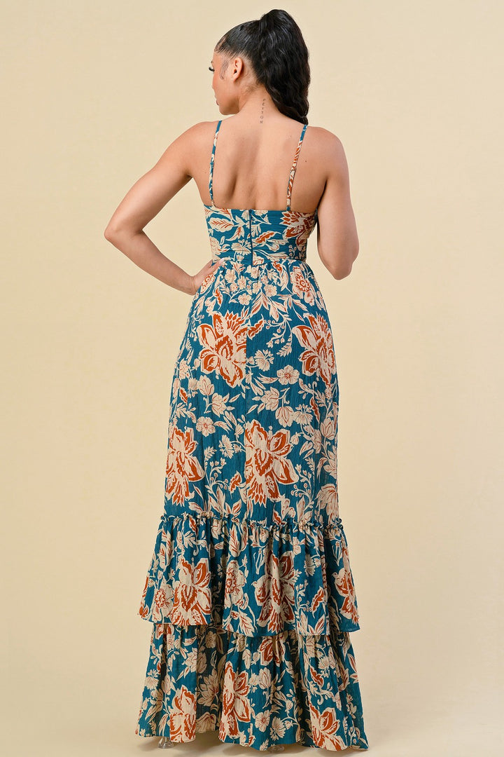 FLORAL PRINT RUFFLED STRAP SHOULDER MAXI DRESS