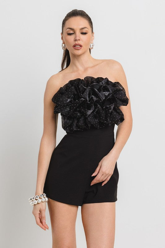 HOT FIX ATTACHED ORGANZA RUFFLE FRONT NIGHT OUT ROMPER