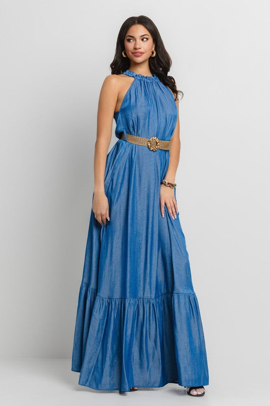 HALTER NECK SIDE SLIT MAXI DRESS WITH BELT