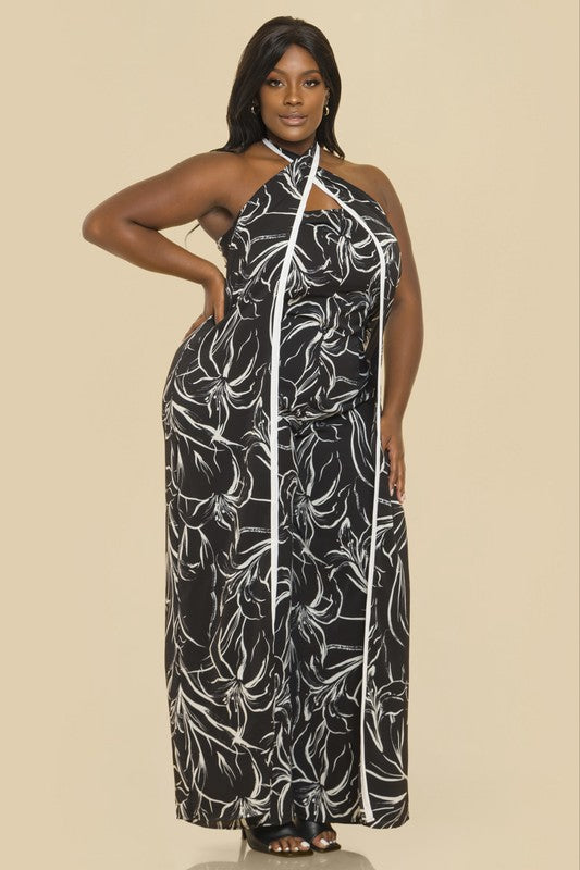 PLUS, PRINT W/ CONTRAST BINDING HALTER NECK WIDE LEG JUMPSUIT