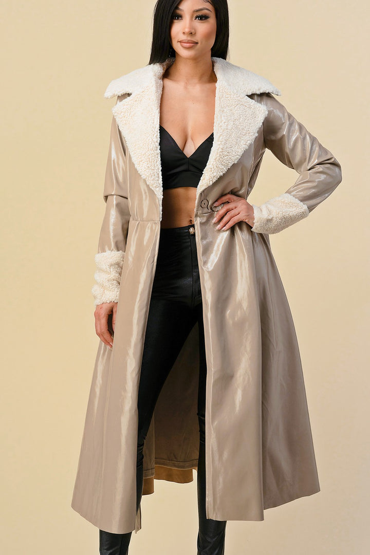 LONG GLOSSY FAUX LEATHER COAT