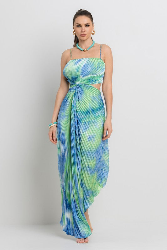 PLEATED ASYMETRIC HEMLINE TIE DYE MIDI DRESS