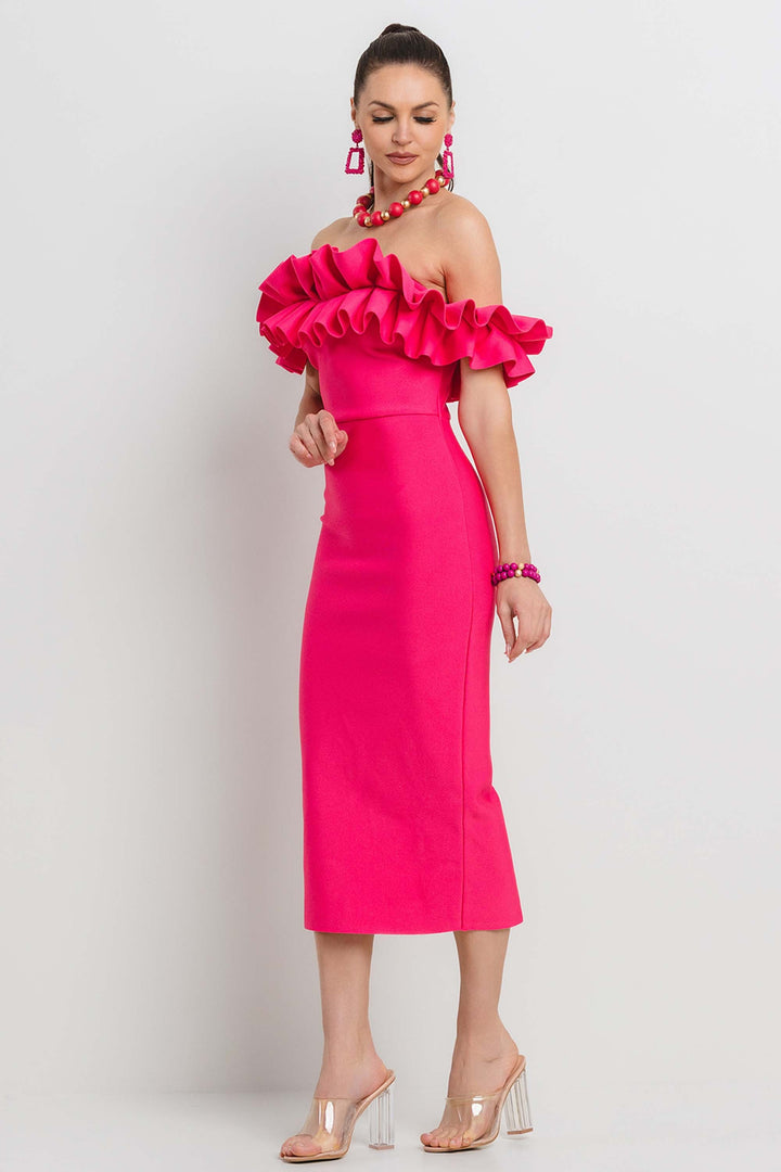 PLEATED RUFFLE OFF SHOULDER BANDAGE MIDI DRESS