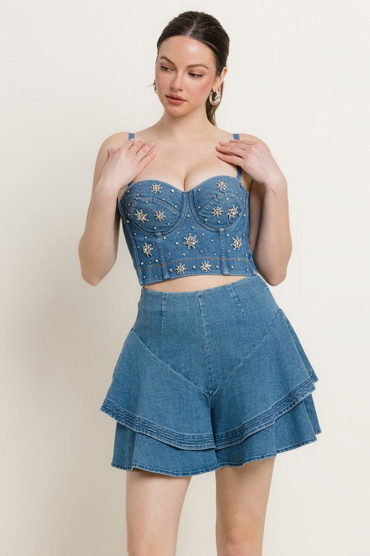 STAR RHINESTONE DETAIL DENIM BUSTIER